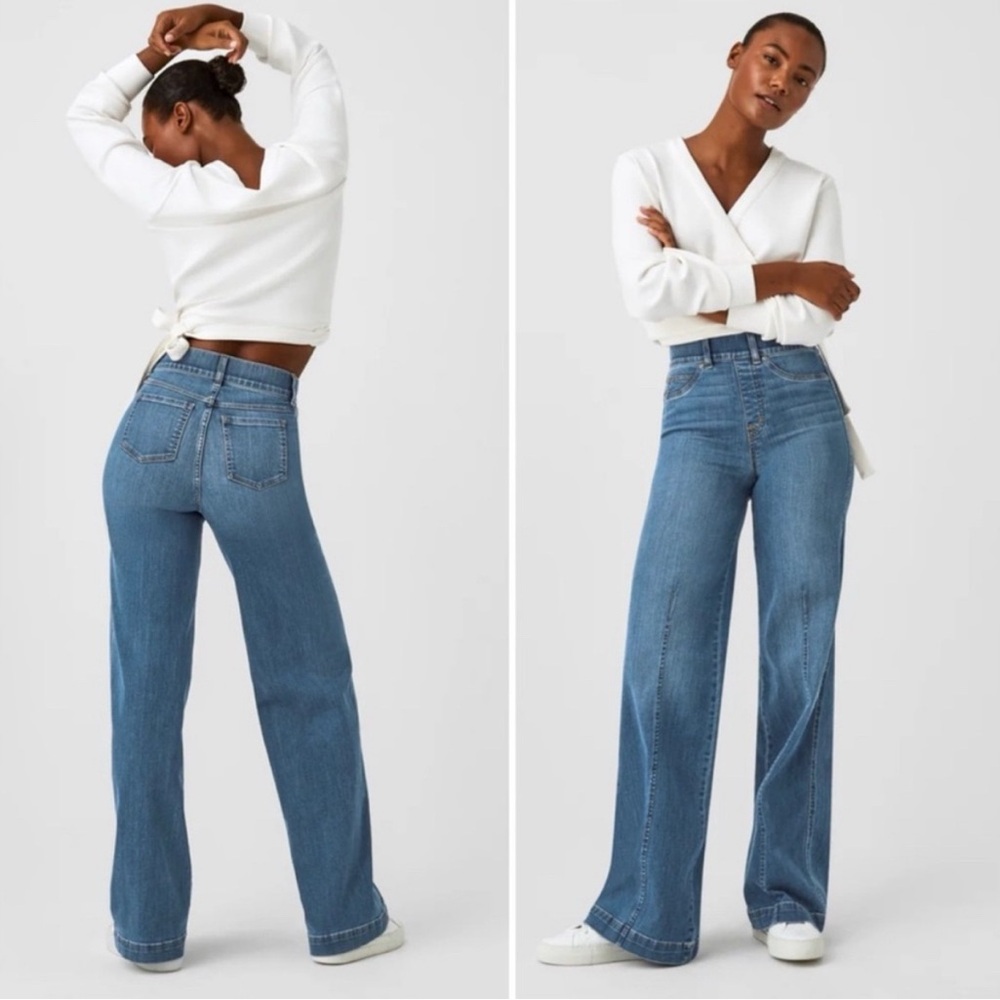 SPANX Seamed Front Wide Leg Jeans Vintage Indigo Pull On Size Small